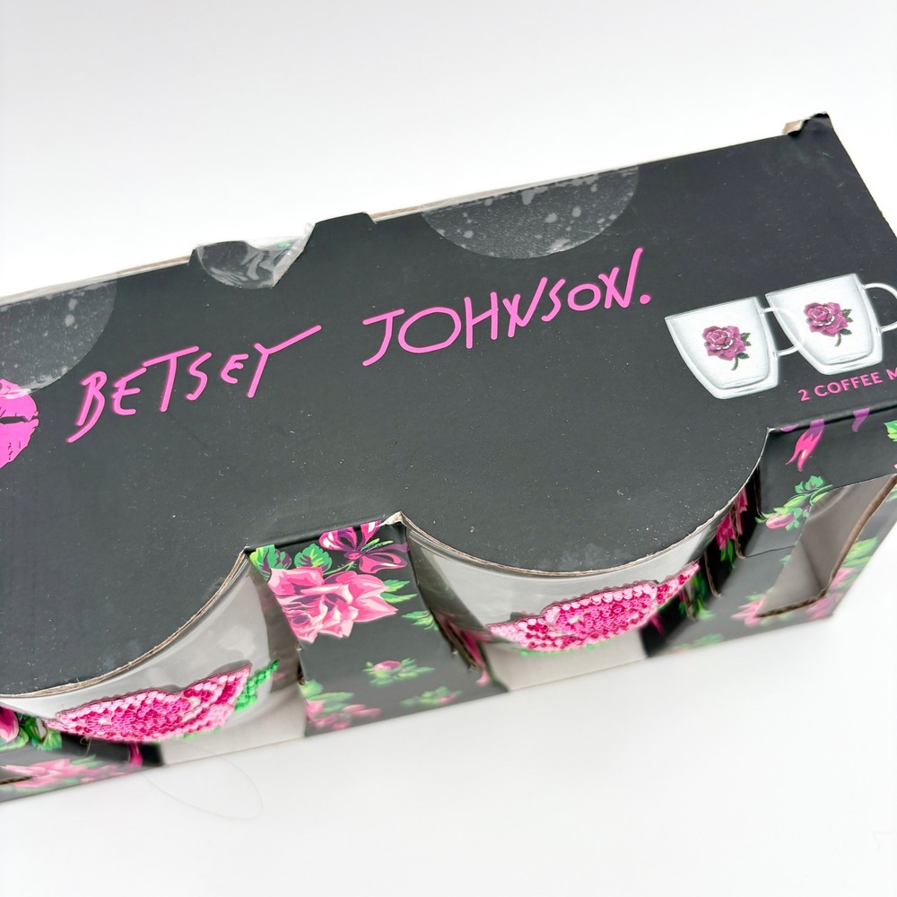 Betsey Johnson Coffee Mugs Set of 2 Rose Floral Rhinestone Embellished - Picture 3 of 5